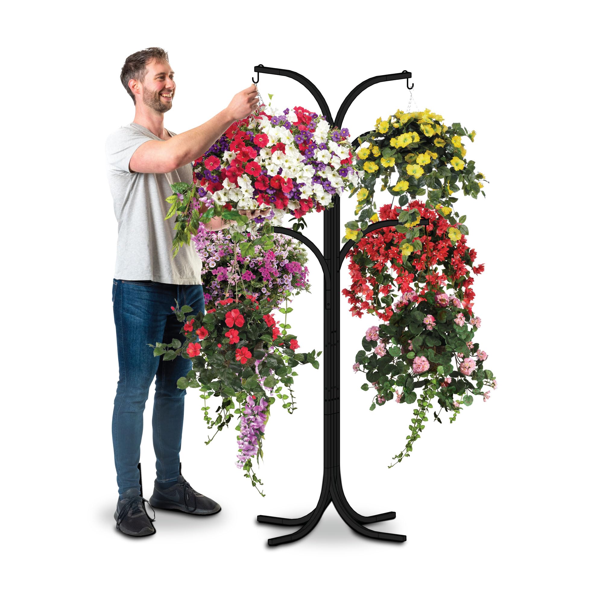 Bishop Hanging Basket Bracket Stand 6-Arm - 169cm, Black Powder Coat Display Stand for Garden Hanging Baskets, Outdoor Planters & Flower Hanging Basket for Patio & Outdoor Plant Stand