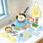 Gotoofun Kids Cooking Set Real for Beginners, 28PCS Mini Kitchen Starter Set with Anti-Slip Safety Guard, Easy Cooking Toys for Boys Girls Ages 8-12, Blue