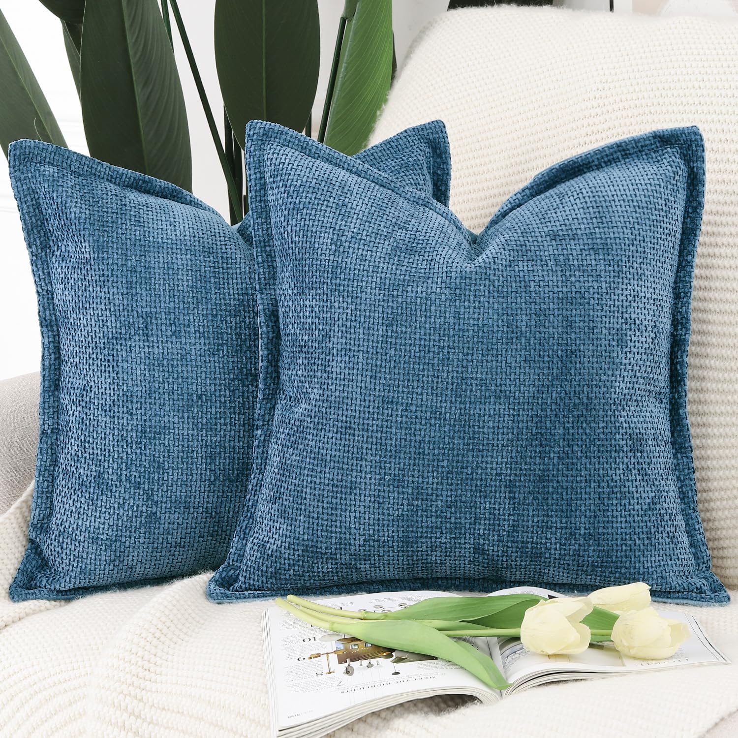 Madizz Set of 2 Chenille Velvet Cushion Covers with Flange Soft Boho Textured Throw Pillow Covers Broadside Pillowcases Modern Farmhouse Home Decor for Sofa Bedroom Dark Blue 16x16 inch, 40x40 cm