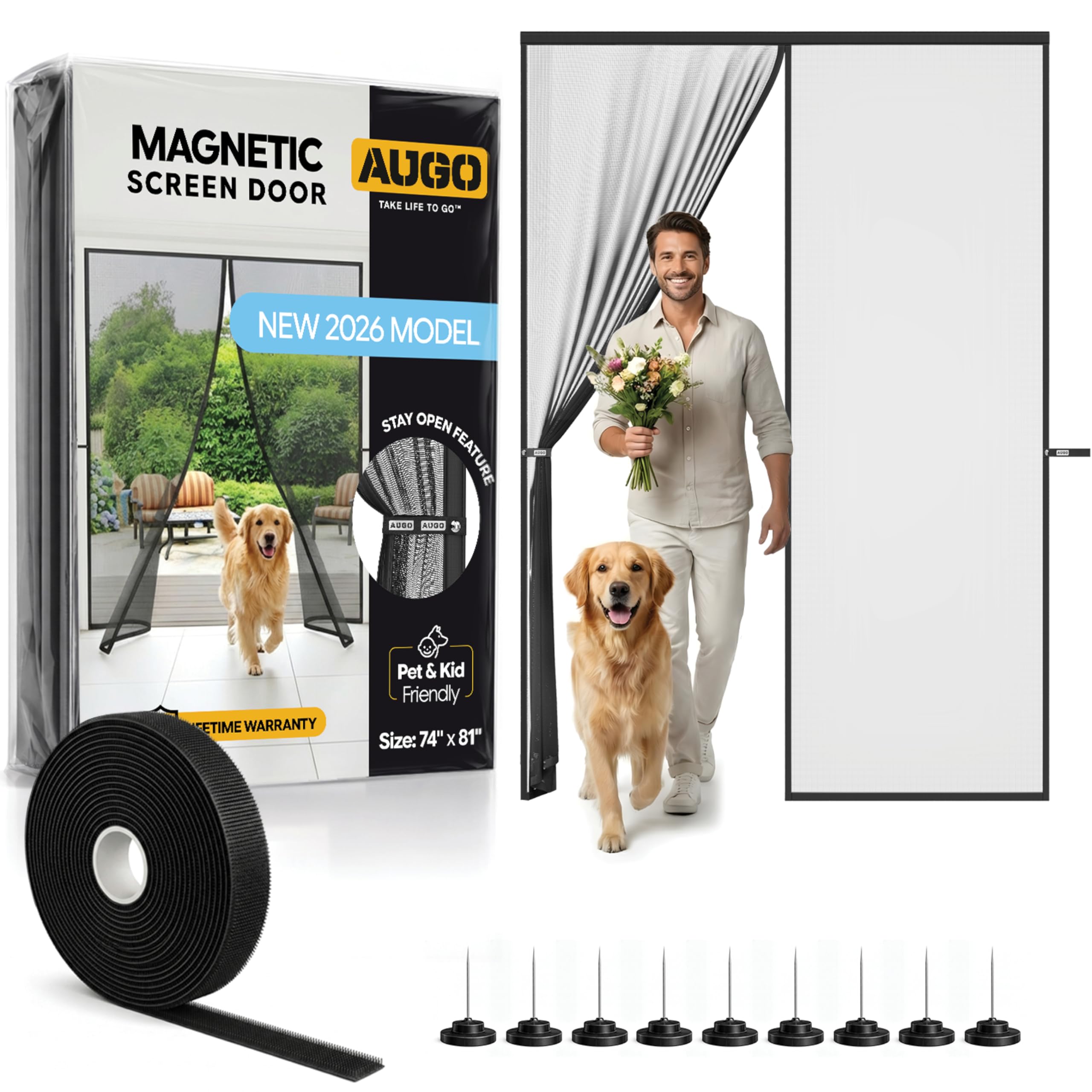AUGO Magnetic Screen Door - Self Sealing, Heavy Duty, Hands Free Mesh Partition Keeps Bugs Out - Pet and Kid Friendly - Patent Pending Keep Open Feature - 74 Inch x 81 Inch