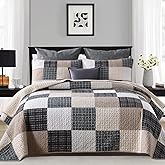 Y-PLWOMEN Quilt 100% Cotton King Size Quilt Set, Brown Khaki Black White Patchwork Plaid Bedspread, Lightweight Reversible Soft Summer Quilt Bedding Set, 3-Pieces