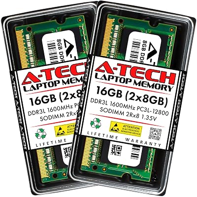 A-Tech 16GB (2x8GB) DDR3/DDR3L 1600MHz PC3L-12800 (PC3-12800) CL11 SODIMM 2Rx8 1.35V 204-Pin Non-ECC SO-DIMM Laptop, Notebook RAM Memory Modules