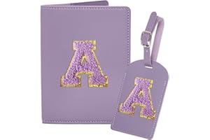 Ulico Initial Passport Cover and Luggage Tag Set,PU Leather Letter Passport Case Holder Travel Suitcase Tag, Personalized Travel Luggage Accessories Gifts for Women Kids Teenage Purple A