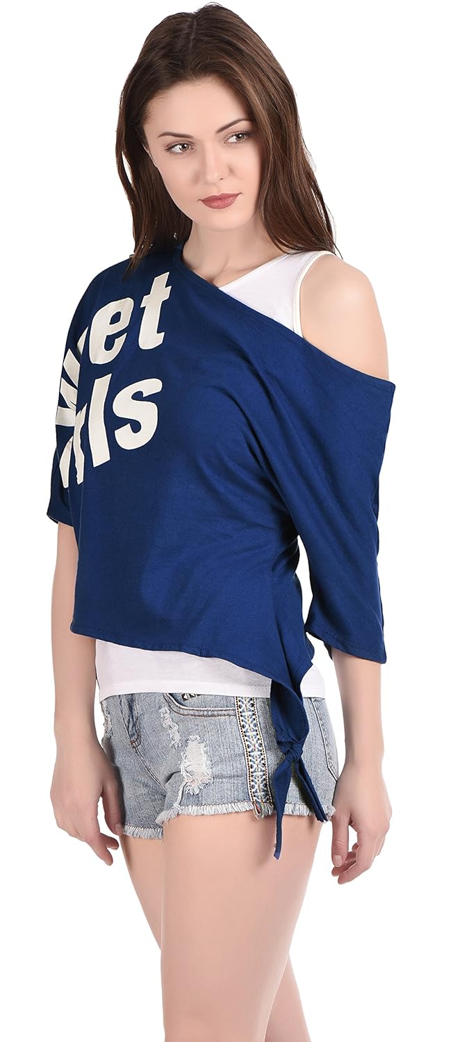 aditii's mantra stylish blue & white off shoulder cotton top for women