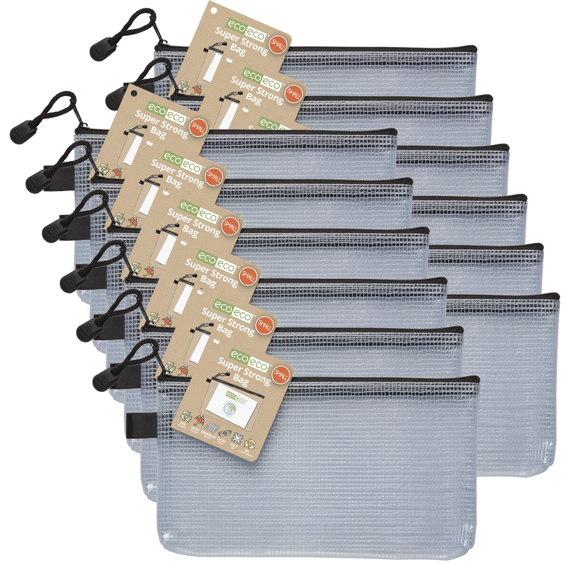 eco-eco Small DL 95% Recycled Super Strong Bag, Waterproof Mesh Tuff Bag, Reinforced Black zip closure (Pack of 12), Black/Clear