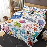 Nesphy Sea Turtle Animal Fish Twin Comforter Set, Cute Ocean Shark Bedding Set 2 Piece, All Season Soft Toddlers Children Adults Bedroom Bed Decoration Comforter and 1 Pillow Shams