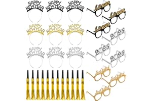 Zhanmai 30 Pcs 2025 New Year Party Supplies Includes 9 Happy New Year Headband 9 New Year Eyeglasses 12 Golden Glitter Metallic Fringed Noise Makers New Year Photo Props for 2025 New Year Party Favors