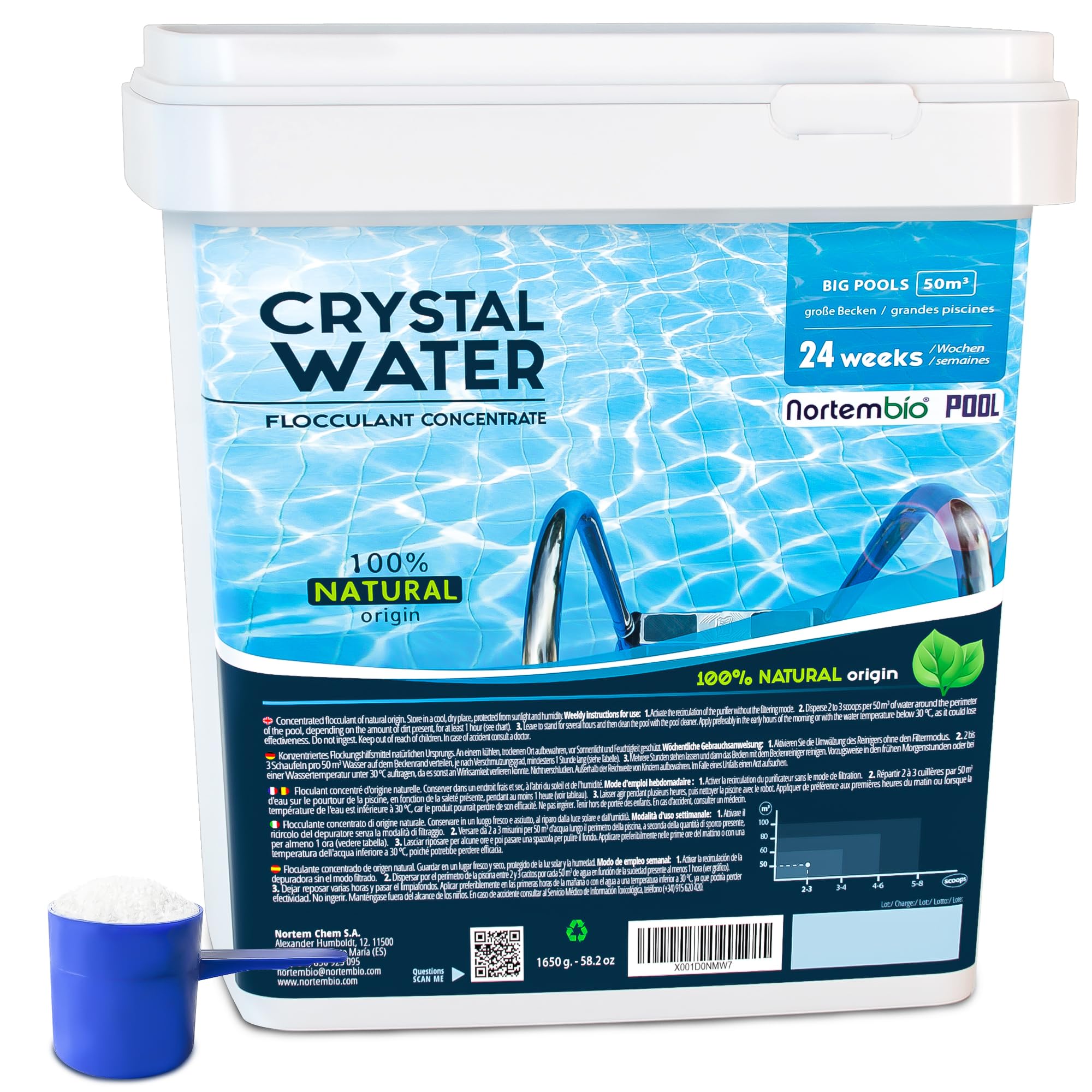 Nortembio Concentrated Natural Flocculant, 24 Weeks. Turbidity Remover for Big Pools and Spas. Clarifier Agent for Clear Water. Organic Product Safe for the Whole Family.