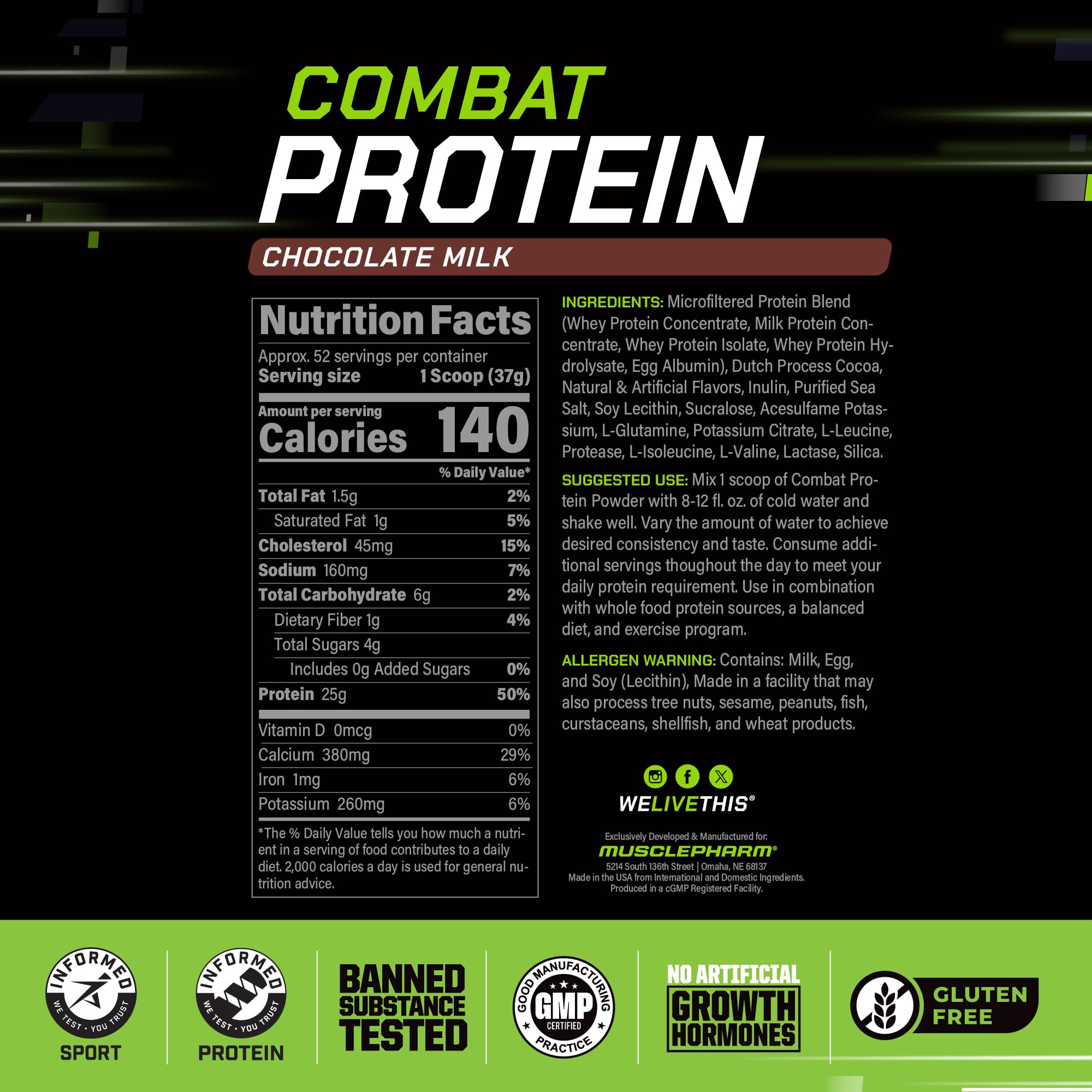 MusclePharm Combat Protein Powder, Chocolate Milk Flavor, Fuels Muscles for Productive Workouts, 5 Protein Sources Including Whey Protein Isolate & Egg Albumin, Gluten Free, 4.2 lb, 52 Servings