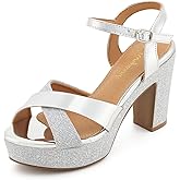 hingswink Womens Sparkly Platform Dress Sandals for Women Chunky Block Heel 3.8 Inch High Heels Open Toe with Strap for Women Comfortable Sexy Dressy Prom Wedding Party Evening Shoes