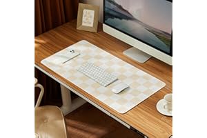 Ohocut Checkered Desk Mat, 31.5" x 15.7" Large Cute Beige Sand Aesthetic Retro Accessories, PU Leather Computer Laptop Desk Mat Mouse Keyboard Pad, Desk Writing Makeup Mat for Vanity/Work/Home Decor