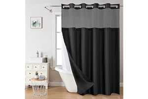 YOSTEV Black No Hook Shower Curtain with Snap-in Fabric Liner Set for Bathroom, Hotel Style Double Layers with See Through Mesh Top Window, Waffle Wave Textured Shower Curtain Home Décor, 71x74 Inch