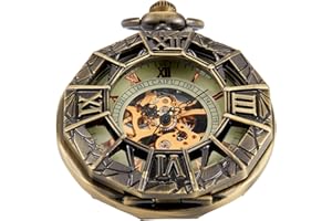 Whodoit Antique Mechanical Pocket Watch for Men，Irregular Octagon Skeleton Pocket Watch, Roman Numeral Dial with Chain + Box