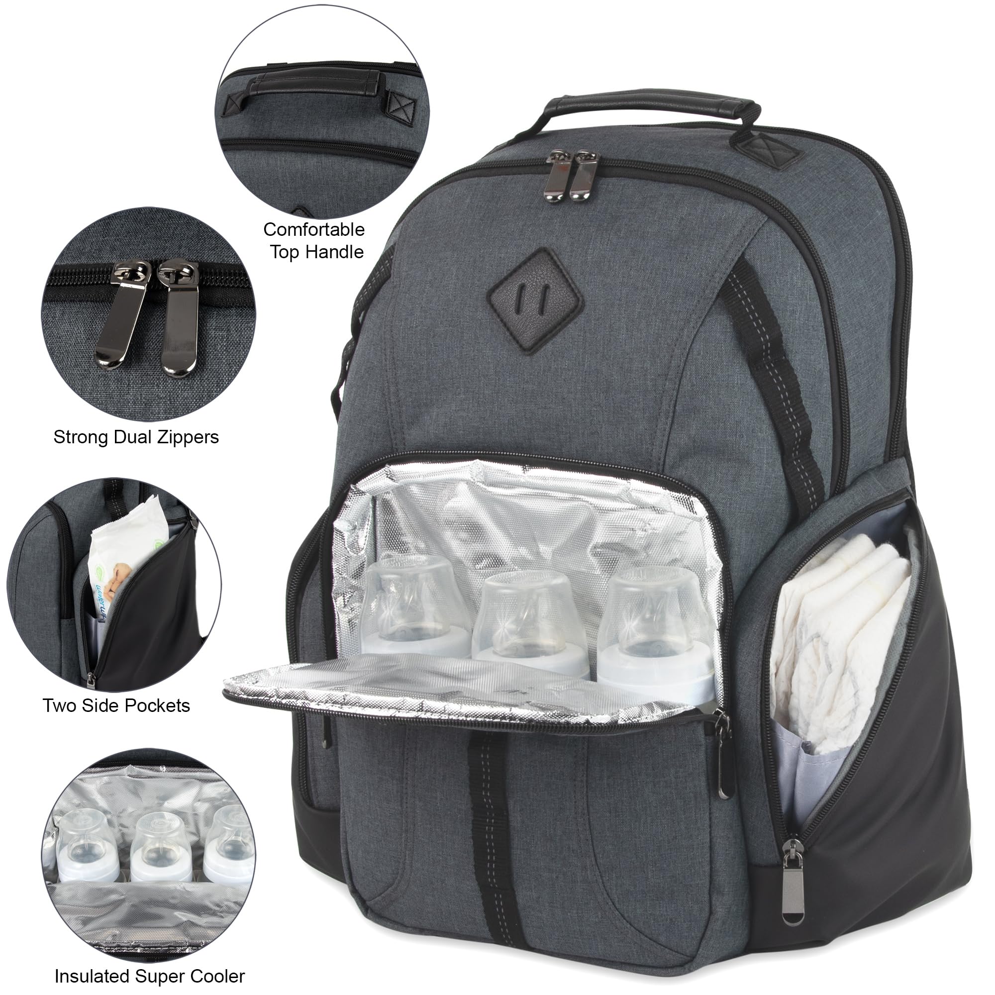 Baby Essentials Super Cooler Dual Compartment Diaper Bag Backpack with Portable Changing Pad, Stroller Straps, Insulated Bottle Compartment (Grey/Black)
