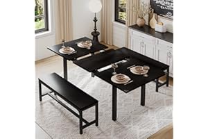 iPormis 3 Pcs 63" Dining Table for 4-6, Extendable Dining Room Table with 2 Benches, Mid Century-Modern Kitchen Table Set for Small Space, Easy Clean, Black