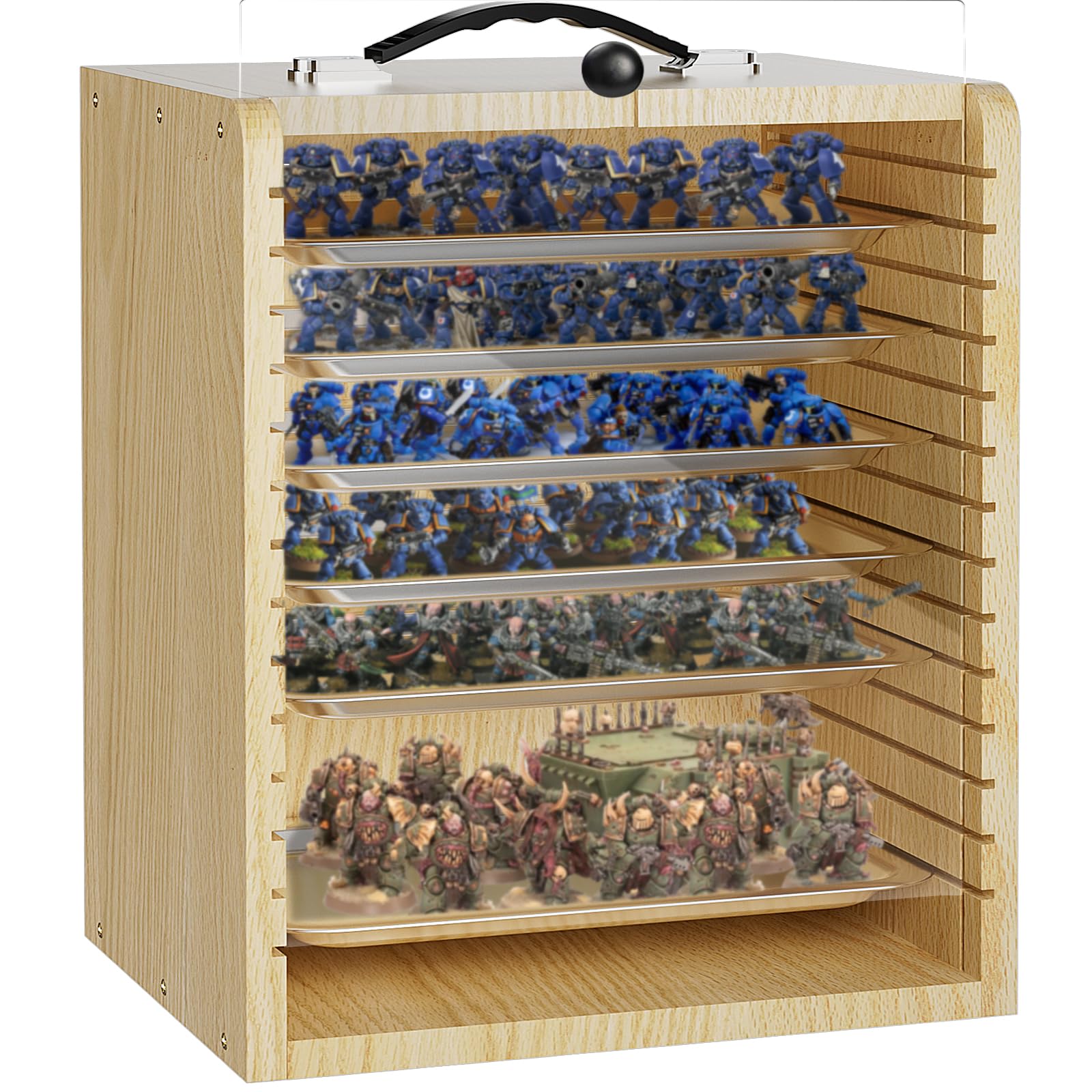 Photo 1 of WELIDAY Miniature Storage Case for Collectibles Miniatures, Wooden Display Cases with 6 Trays, Miniature Display Case Miniatures Transport Case (Wooden)