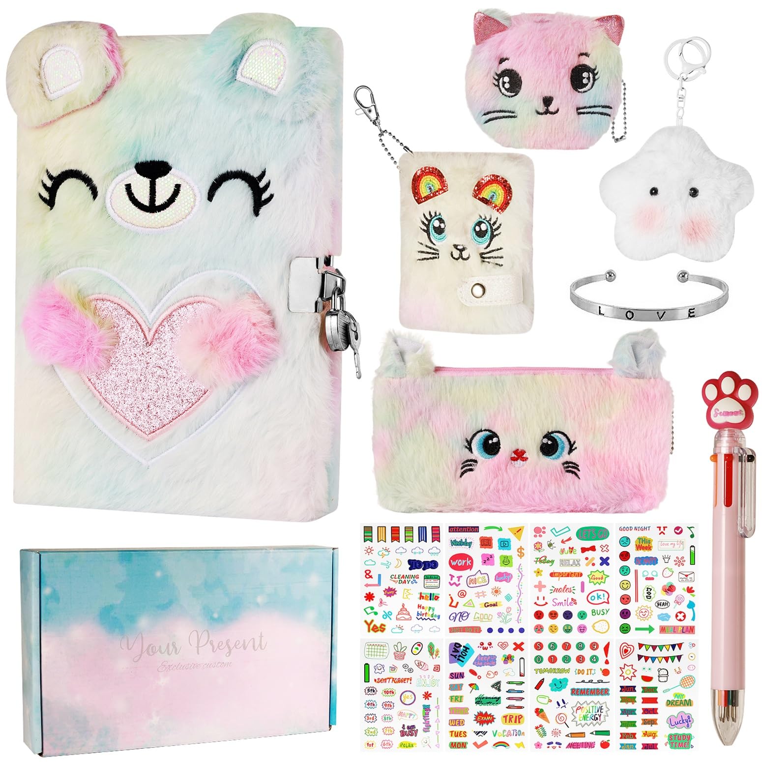 Realjoy Secret Diary with Lock for Girls, Gifts for Girls 7 8 9 10 11 12 13 14 Year Old, Girls Stationary Gift Sets, Lockable Notebook with Stickers Pen Pencil Case Bracelet Bookmarks