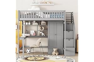 BIADNBZ Wooden Full Size Loft Bed with Desk, Stairs Storage, Wardrobe, Bookshelf and Drawers, Stairway Loftbed w/Closet and High Guardrails, Wood Bedframe for Kids Teens Adults Bedroom, Gray