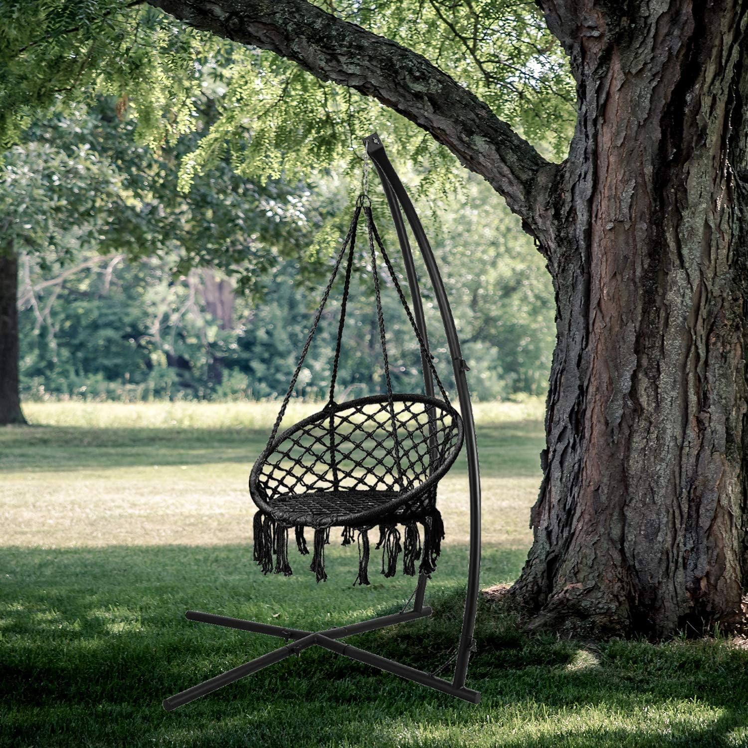 YILI C-Shape Hammock Chair Stand, Solid Steel 220lb Heavy Capacity, with 2X Hooks, 1x Chain, Indoor/Outdoor use, Rack Stand for Hanging Chair, Tree Tent, Air Porch Swing, Loungers, Yard, Garden, Patio, Black : Kitchen & Dining