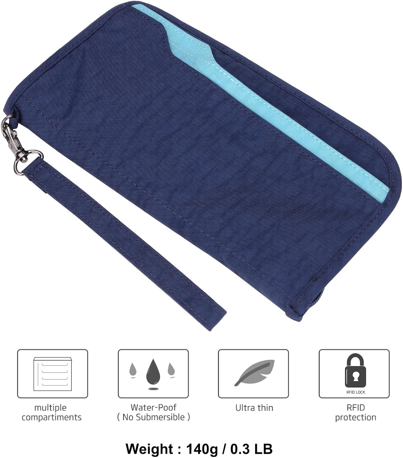  | Zoppen RFID Travel Passport Wallet & Documents Organizer Zipper Case with Removable Wristlet Strap, Royal Blue | Passport Wallets