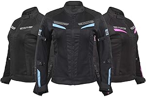 ALPHA CYCLE GEAR WOMEN'S MOTORCYCLE JACKET WOMEN RIDING MOTORBIKE CE ARMOURED ESCAPE (BLACK/SKY BLUE, LARGE)