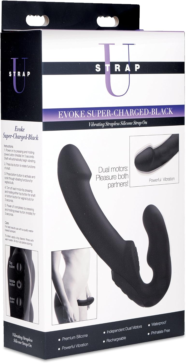 Evoke Rechargeable Vibrating Silicone Strapless Strap On- Black - Image 3