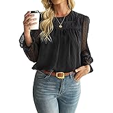 Falechay Womens Tops Long Ruffle Sleeve Shirts For Women Dressy Casual Cute Crewneck Blouses Crochet Hollow Top 2024 Fall