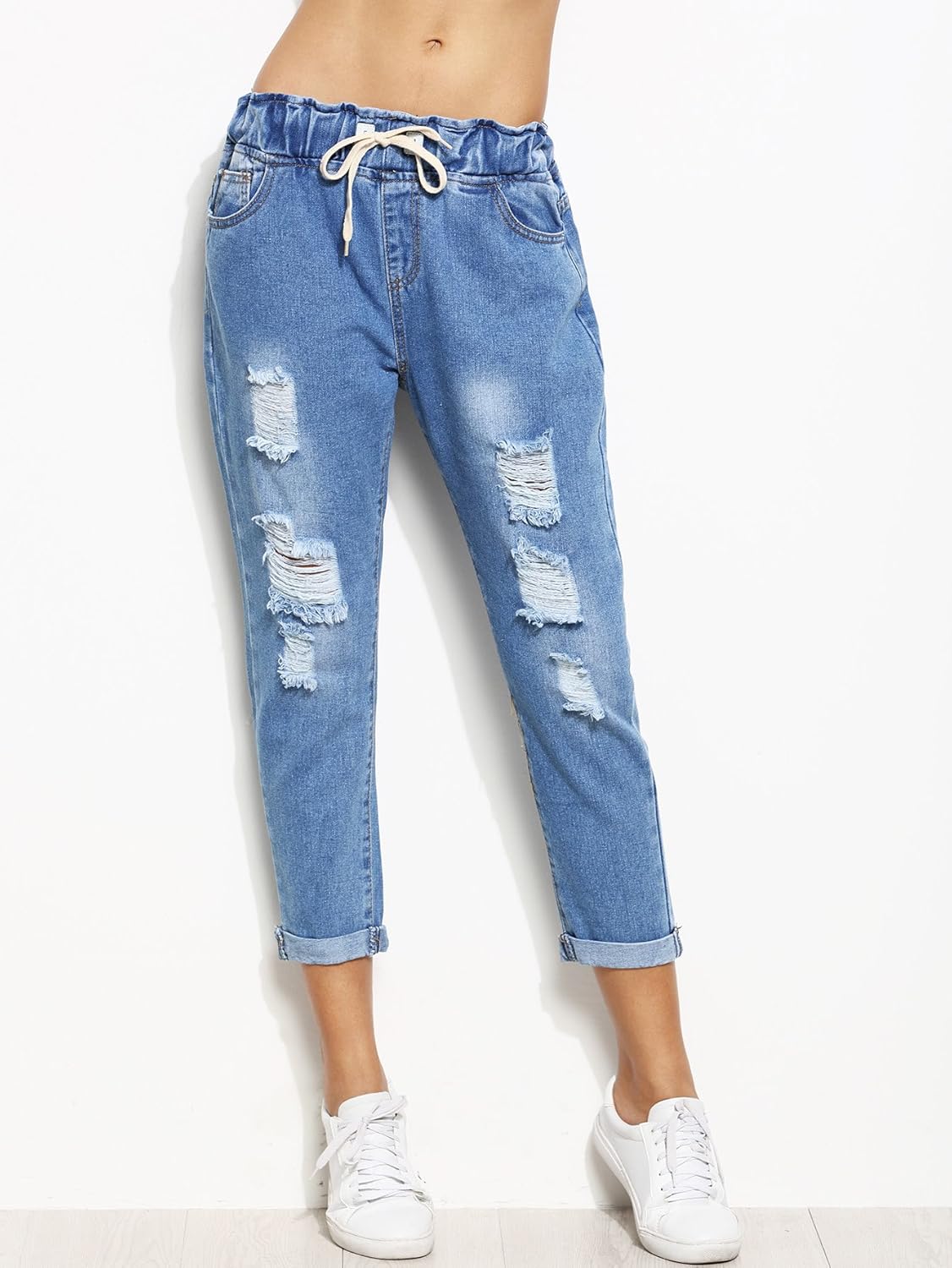 drawstring ripped jeans