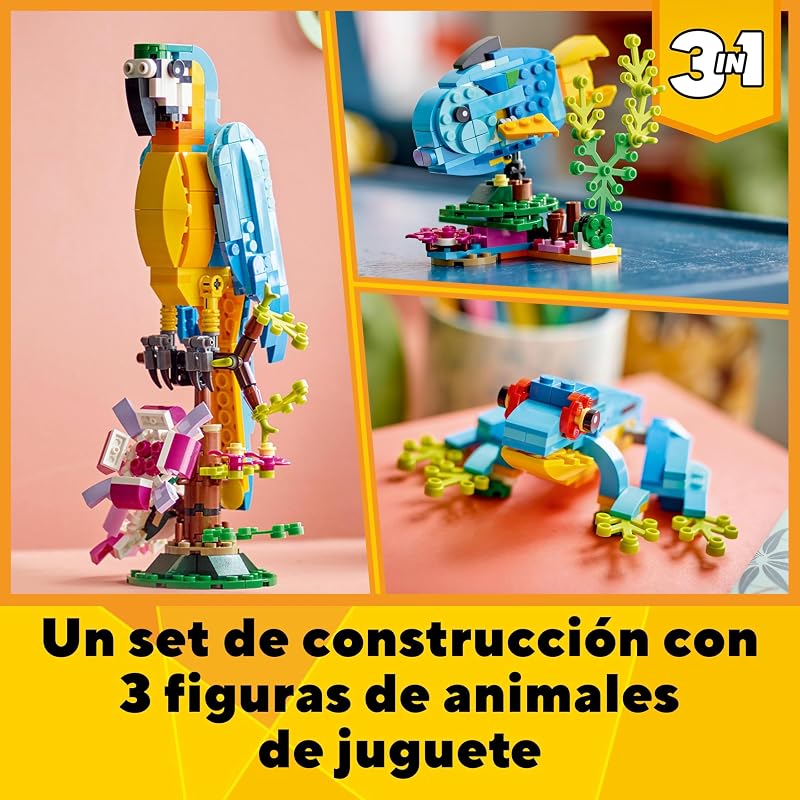 Lego 31136 creator 3 em 1 papagaio exótico, peixe ou sapo, figuras de animais de brinquedo para construir, presente para meninos e meninas de 7 anos ou mais, brincadeira criativa