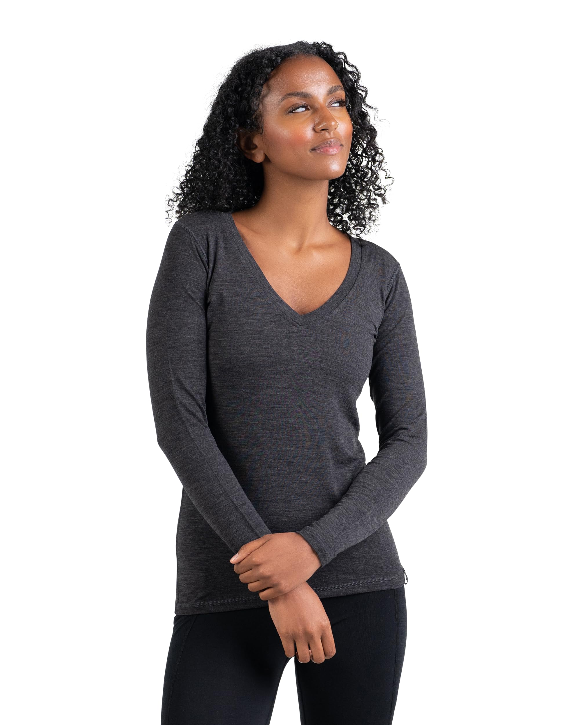 Photo 1 of Women's Merino Long Sleeve V-Neck Shirt by Woolly | RWS Certified | Soft, Stink Free, Seattle Designed - Charcoal Grey - XXL