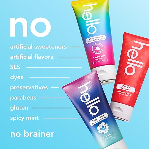 HELLO KIDS FLUORIDE TOOTHPASTE VARIETY PACK, INCLUDES A STRAWBERRY TOOTHPASTE, UNICORN BUBBLE GUM TOOTHPASTE, AND BLUE RASPBERRY TOOTHPASTE, SAFE FOR AGES 2 AND UP, 3 PACK, 4.2 OZ EACH