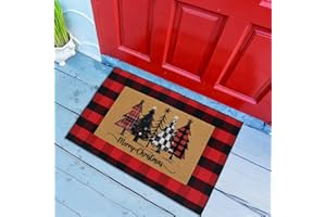 WinnerWhy 2 Pcs Christmas Front Porch Rug Buffalo Plaid Christmas Front Door Mats Imitation Coco Coir Xmas Welcome Layering Rugs for Outdoor Home Winter Festival Holiday Farmhouse Decor, 28 x 43 Inch