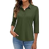 YUCOLEN Polo Shirts for Women 3/4 Sleeve Tops Golf Tees 5-Button Collared Cotton Shirt Business Casual