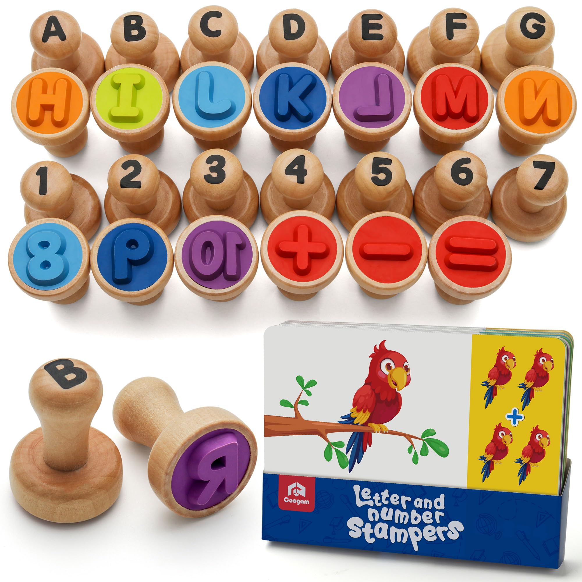 Photo 1 of Coogam Wooden Alphabet Number Stamp Flashcard, ABC Spelling Letter Stampers and Mathematics Learning Number Stamper