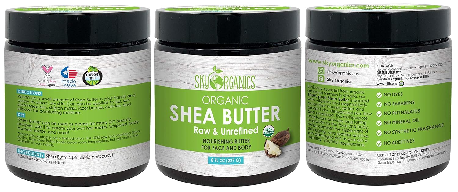 Organic Shea Butter by Sky Organics (8 oz) 100% Pure Unrefined Raw African Shea Butter for Face and Body Moisturizing Natural Body Butter for Dry Skin : Beauty