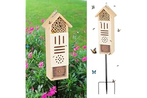 Wooden Insect House, Bee House with Metal Stake for Garden, Natural Ladbugs Habitat & Butterfly Hotel on The Ground or Hangin