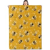 qxfqxf Cute Bee Blanket Lightweight Blankets Gifts for Adults Flannel Throw with Adorable Cartoon Bumblebee Floral and Printed for Sofa, Bed, Travel, Picnic, Camping, Office, Decor Throws 60x50 Inch