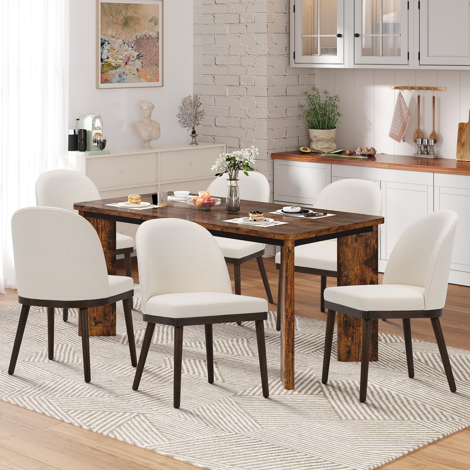 Photo 1 of **Only One** 
MALOL 7-Piece Rectangular Dining Table Set for 6, 63" Industrial Kitchen Table with 6 Upholstered Curved Back Dinner Chairs for Dining Room, Kitchen, Living Room, Brown+Beige