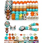 112PCS FIVEIZERO 12mm 15mm Cow Focal Silicone Beads for Keychain Making, Round, Lentil, Hexagonal, Print, 10mm Rhinestone Rondelle Spacers Beads for Bracelet, Pens, Necklace Crafts(Orange Green)