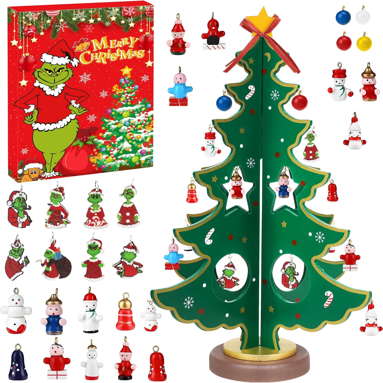 Advent Calendars - Christmas Advent Calendar 2023 with Christmas Tree Ornaments,24 Days Kids Countdown Advent Calendar with Mini Santa Snowman Decorations for Boy Girls,Christmas Party Favors,Classroom Prizes Xmas Gifts
