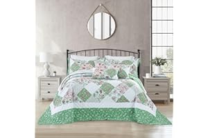 DaisyHuang Oversized King Bedspread 138x120 Extra Wide, Farmhouse Patchwork Floral Quilt Bedding Cover, Reversible, 6 Piece, 100% Microfiber, California/Alaskan King, Rose