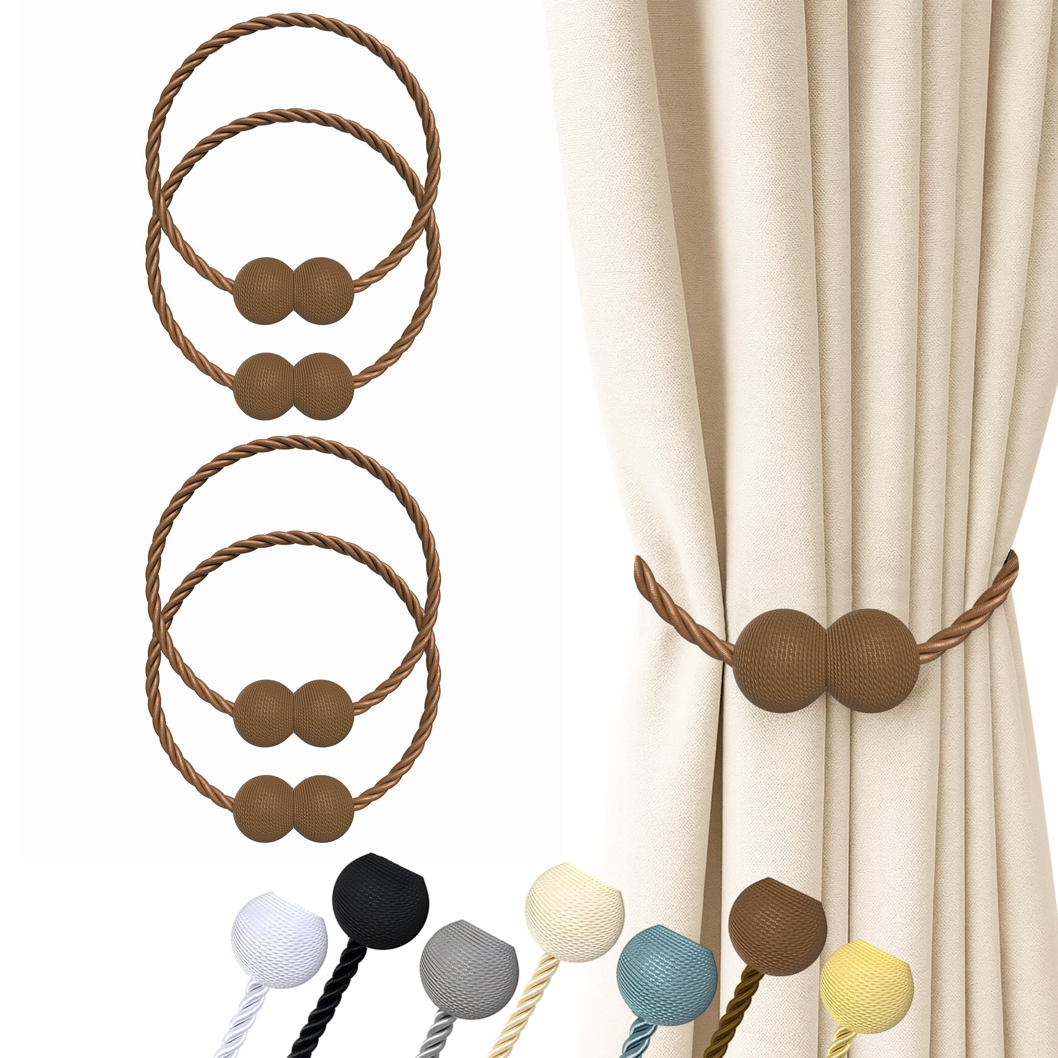 Hion Magnetic Curtain Tiebacks Dark Brown 4pcs, Curtain Tiebacks Buckles Holdbacks Holders Hooks Clip for Home Outdoor Bedroom Office Decorative Curtain