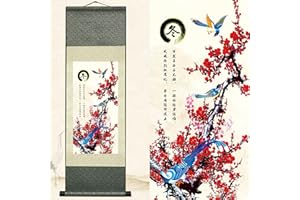 Newscz Asian Wall Art for Living Room Chinoiserie Decor Vertical Wall Scroll Silk Scroll Painting Art Poster Four Seasons Painting - Winter Oriental Decor Art Mural Ready to Hanger 36 x 12 in