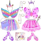 Princess Dress Up for Girls 4-6 With Tutu Shoes Jewelry Unicorn Headband Butterfly Wing Toddler Dress Up Clothes Pretend Play Fairy Costumes Set for Girls Christmas Birthday Gift 3 4 5 6 7 Girl Toys