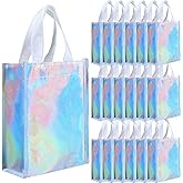 Jutom 20 Pieces Iridescent Gift Bags Bulk Reusable Party Favor Tote Bags with Handles Glossy Finish Birthday Gift for Christmas Party Wedding(6 x 3 x 8 Inch,Blue)