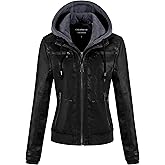 CREATMO US Women's Faux Leather Jacket Waterproof Motorcycle Bomber Jacket Vintage PU Moto Biker Coat With Removable Hood