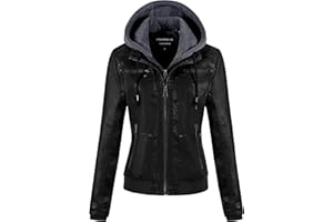 CREATMO US Women's Faux Leather Jacket Waterproof Motorcycle Bomber Jacket Vintage PU Moto Biker Coat With Removable Hood
