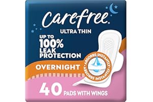 Carefree Ultra Thin Pads for Women, Overnight with Wings | Feminine Care & Postpartum Protection | 40ct (Pack of 1)