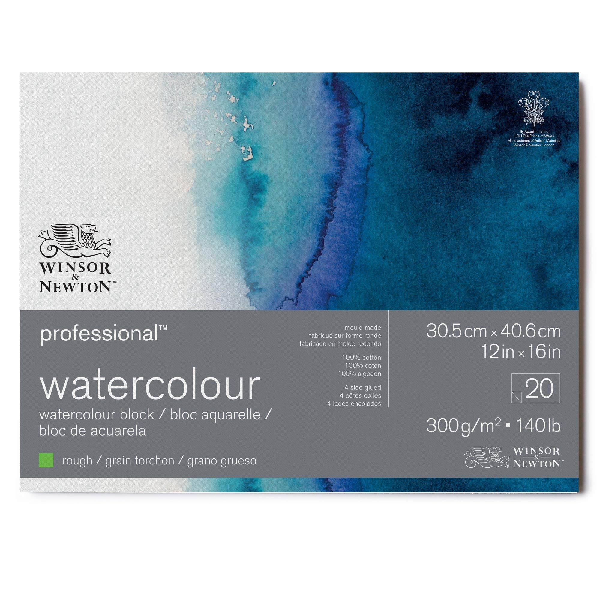 Winsor & Newton Watercolour Paper, 100% Cotton, Bright Natural White, 30,5 x 40,6cm-20 Blatt im Block, 300g/m²