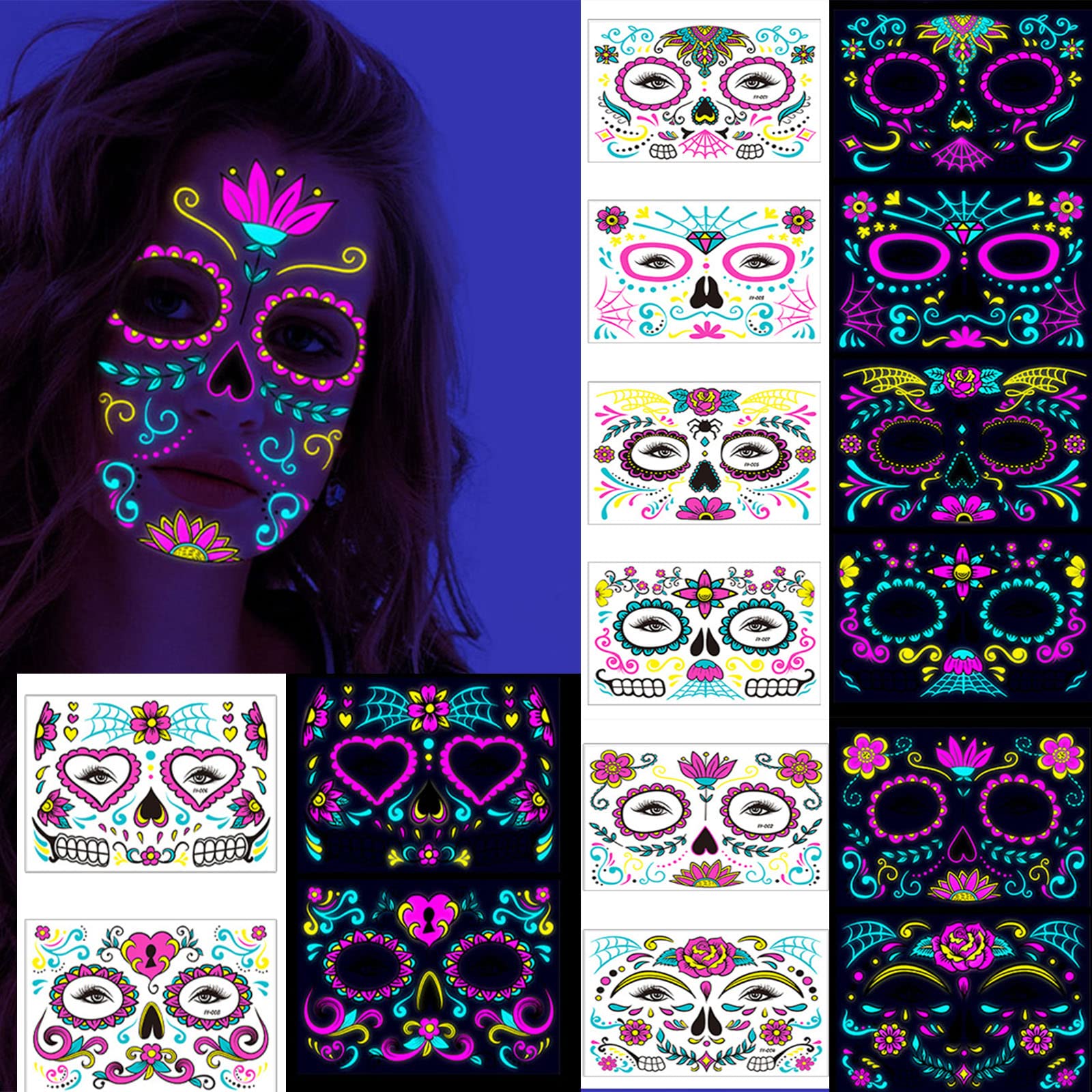 Halloween Face 16 Sheets Day of The Dead Temporary Face Floral Web Face Stickers Halloween Make up Party Face Stickers for Women Men Adult Kids